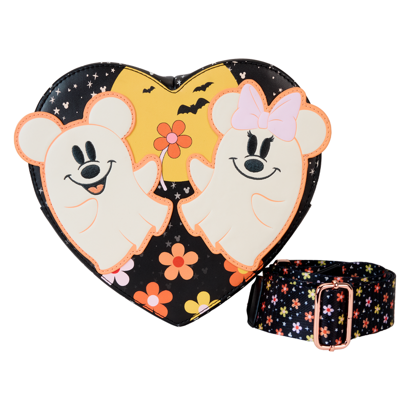 LOUNGEFLY : DISNEY - Mickey & Minnie Floral Ghost Figural Heart Glow Crossbody Bag