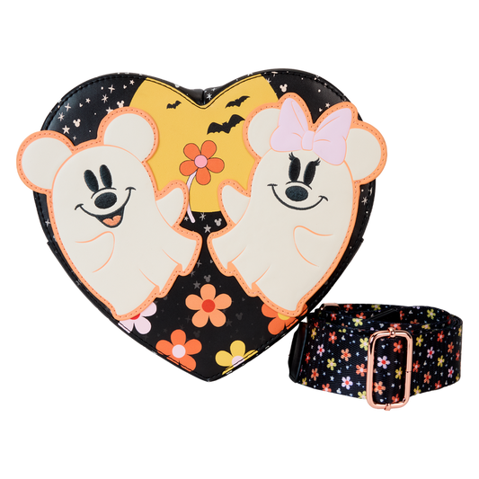 LOUNGEFLY : DISNEY - Mickey & Minnie Floral Ghost Figural Heart Glow Crossbody Bag