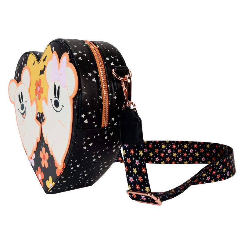 LOUNGEFLY : DISNEY - Mickey & Minnie Floral Ghost Figural Heart Glow Crossbody Bag