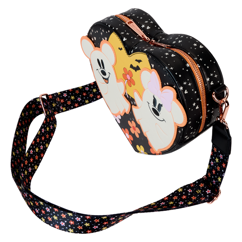 LOUNGEFLY : DISNEY - Mickey & Minnie Floral Ghost Figural Heart Glow Crossbody Bag