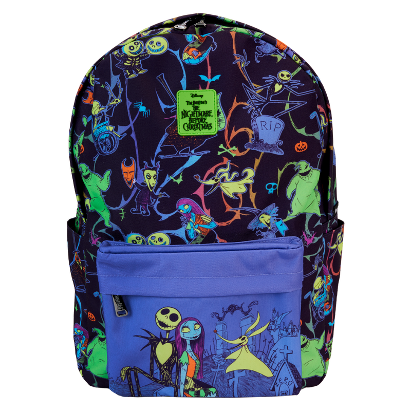 LOUNGEFLY : NIGHTMARE BEFORE CHRISTMAS - Neon Glow All-Over Print Nylon Full-Size Backpack