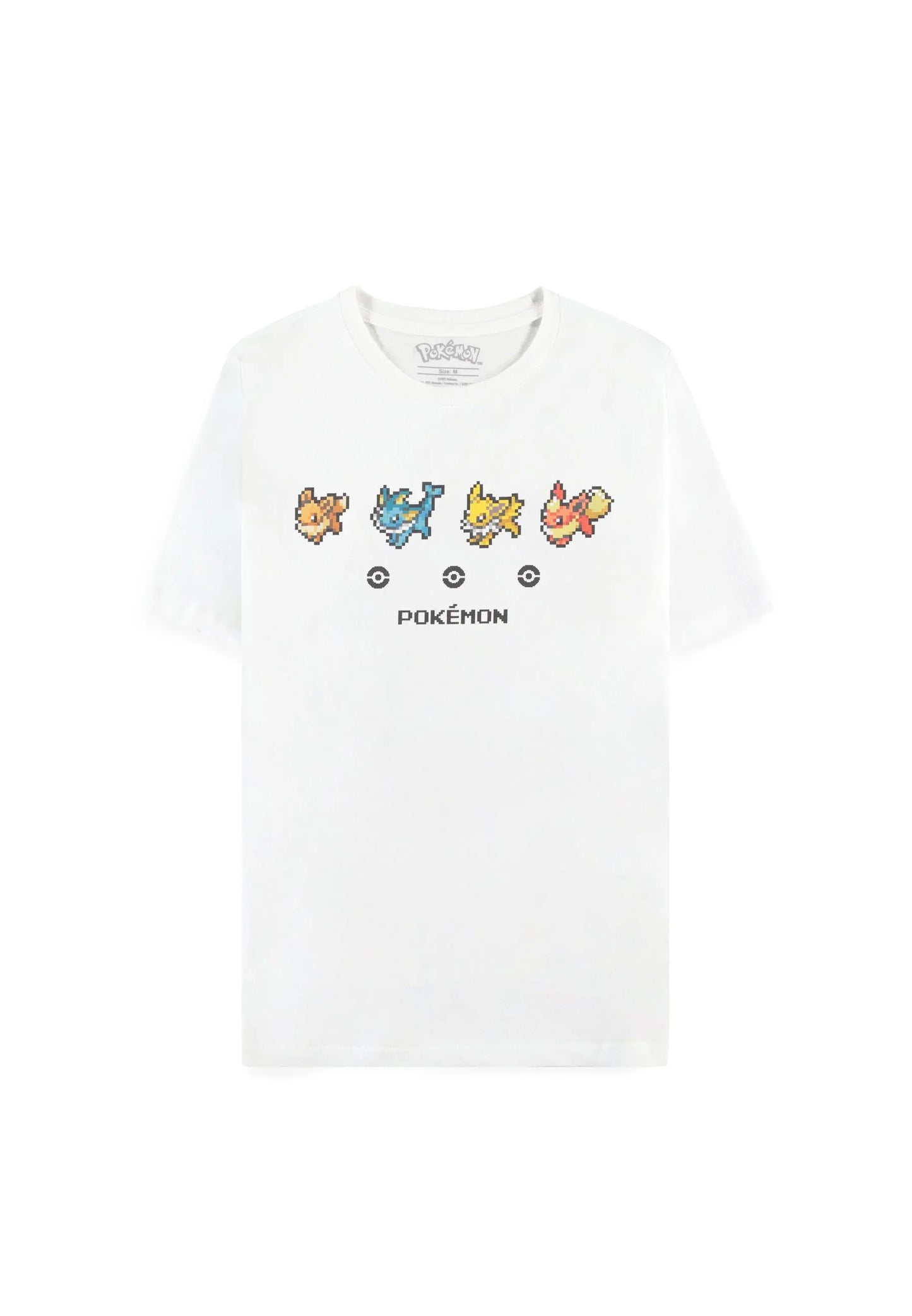 A white T-shirt featuring the various evolutions of the Pokemon Eevee