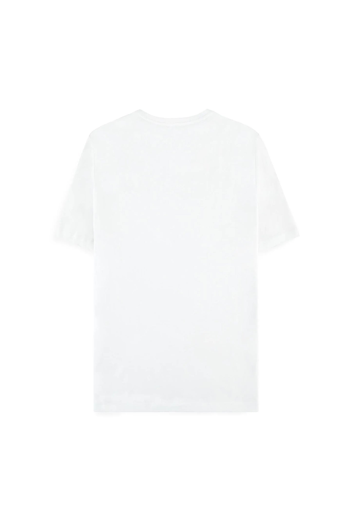 A white T-shirt featuring the various evolutions of the Pokemon Eevee